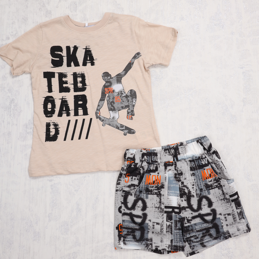 Erkek 5-8 Yaş Skateboard Baskılı Şortlu Takım