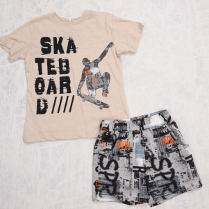 Erkek 5-8 Yaş Skateboard Baskılı Şortlu Takım